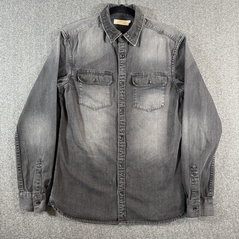 AllSaints Denim Shirt Mens XS Corduroy Collar Gray Flap Pockets Nice Fade